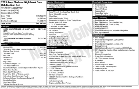 Photos of 2025 Jeep Gladiator Nighthawk for sale in Abrams, WI at Gregg Young Abrams Chrysler Dodge Jeep Ram
