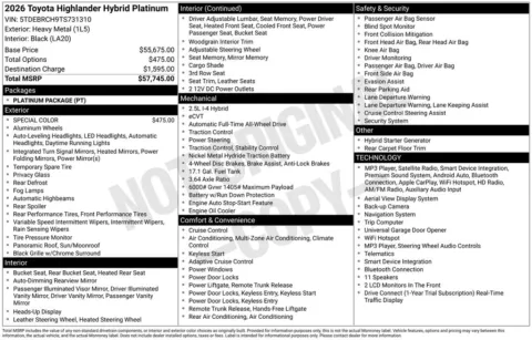 Gray 2026 Toyota Highlander Hybrid Platinum for sale in Ottumwa, IA