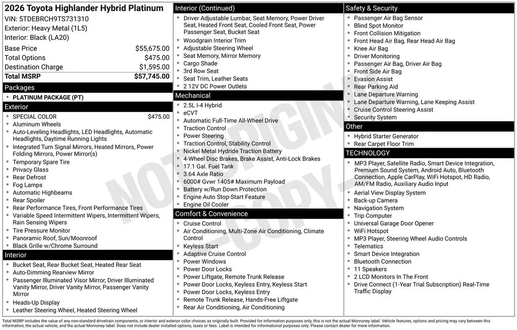 2026 Toyota Highlander Hybrid Platinum for sale in Ottumwa, IA