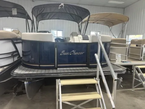Blue 2025 SUNCHASER GENEVA 22 LR DH 150HP LEGS BUNK TRAILER DEMO for sale in Fargo, ND