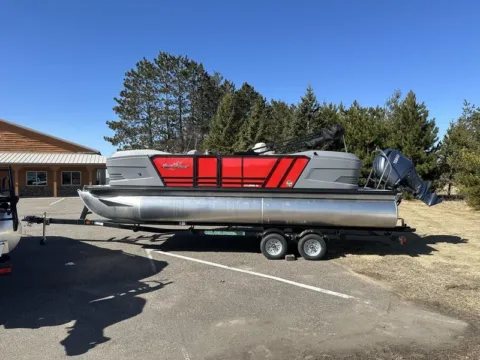 Red 2025 SUNCHASER LUCERNE SPORT 22 LR DH TRIPLE 150HP BUNK TRAILER DEMO for sale in Fargo, ND