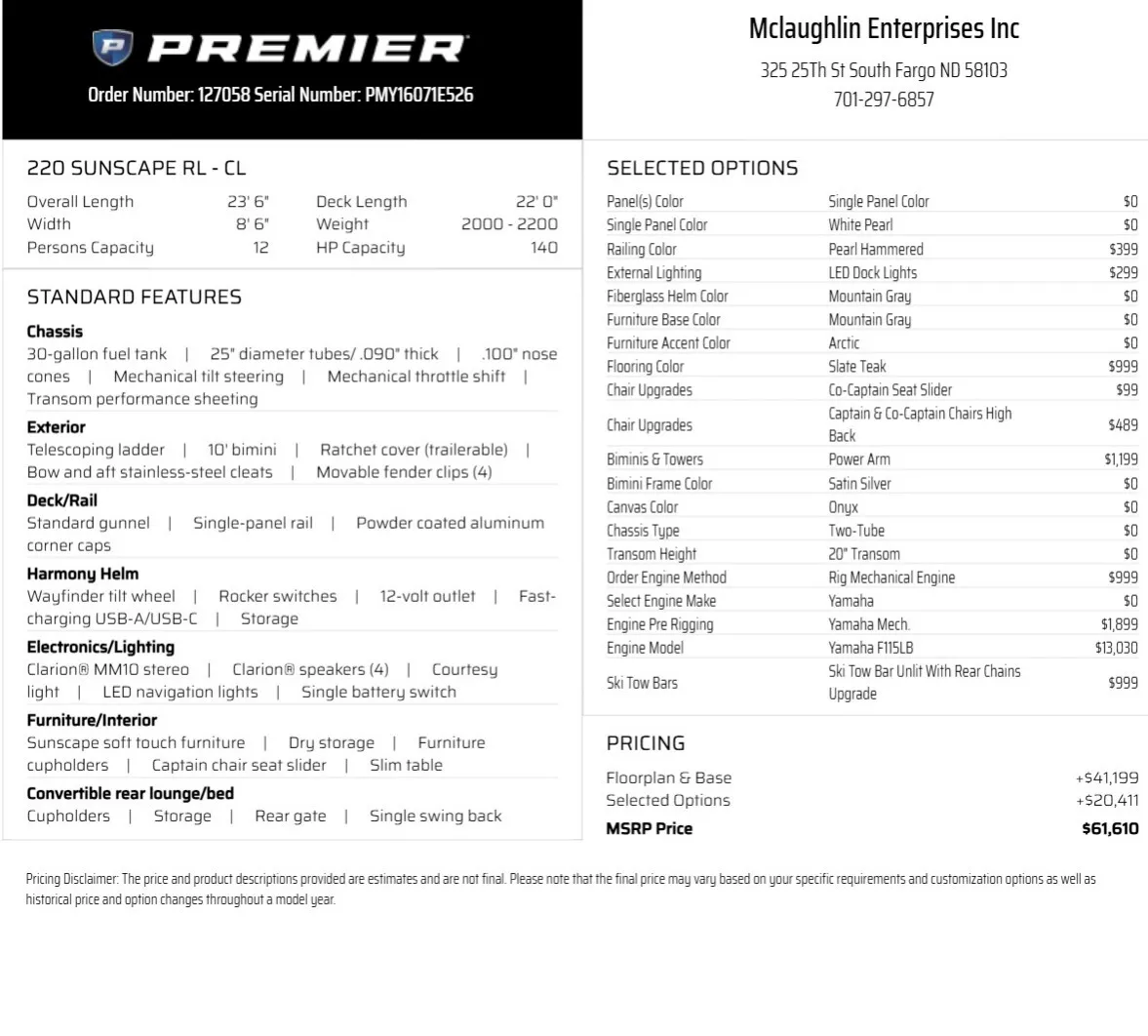 Another view of 2026 PREMIER SUNSCAPE 220 RL 115HP BUNK TRAILER for sale in Fargo, ND at McLaughlin's RV and Marine - Fargo