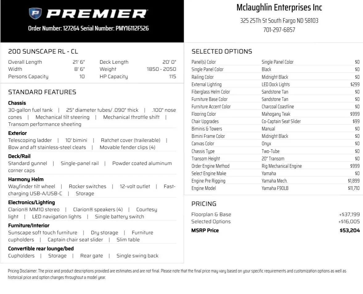 Another view of 2026 PREMIER SUNSCAPE 200 RL 90HP BUNK TRAILER DEMO for sale in Fargo, ND at McLaughlin's RV and Marine - Fargo