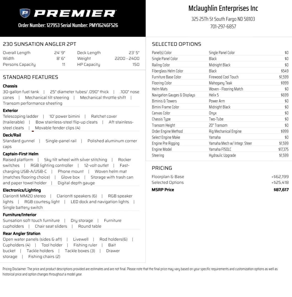 Another view of 2026 PREMIER SUNSATION 230 ANGLER 150HP BUNK TRAILER for sale in Fargo, ND at McLaughlin's RV and Marine - Fargo