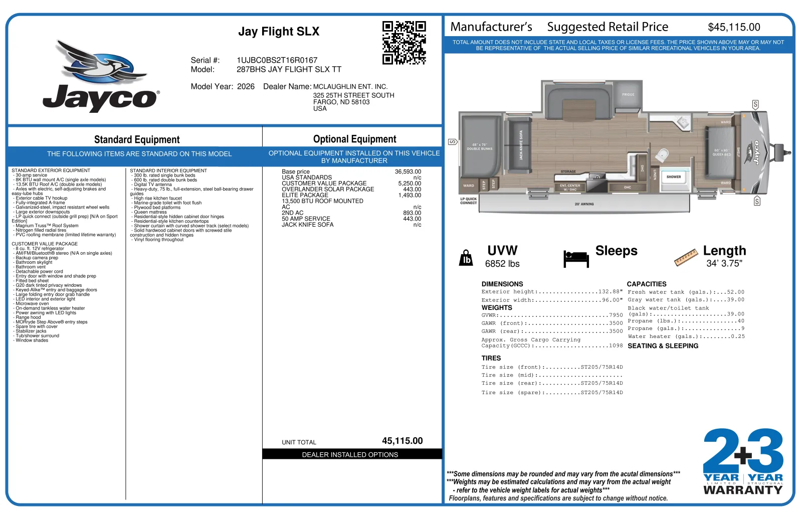 2026 JAYCO JAY FLIGHT SLX 287BHS for sale in Fargo, ND