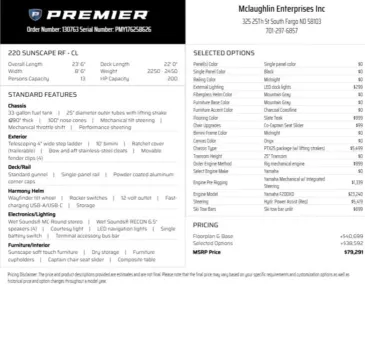 Another view of 2026 PREMIER SUNSCAPE 220 RF PTX TRIPLE 200HP BUNK TRAILER for sale in Fargo, ND at McLaughlin's RV and Marine - Fargo