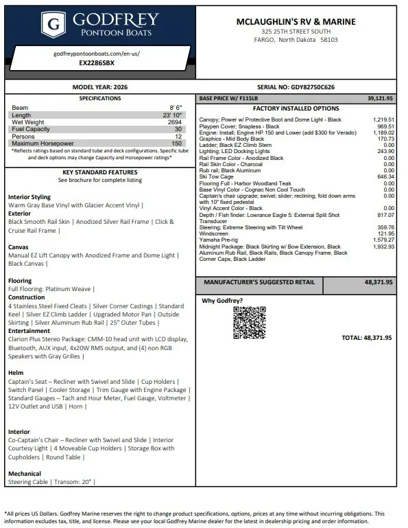 2026 GODFREY XPERIENCE 2286 SBX 115HP BUNK TRAILER for sale in Fargo, ND