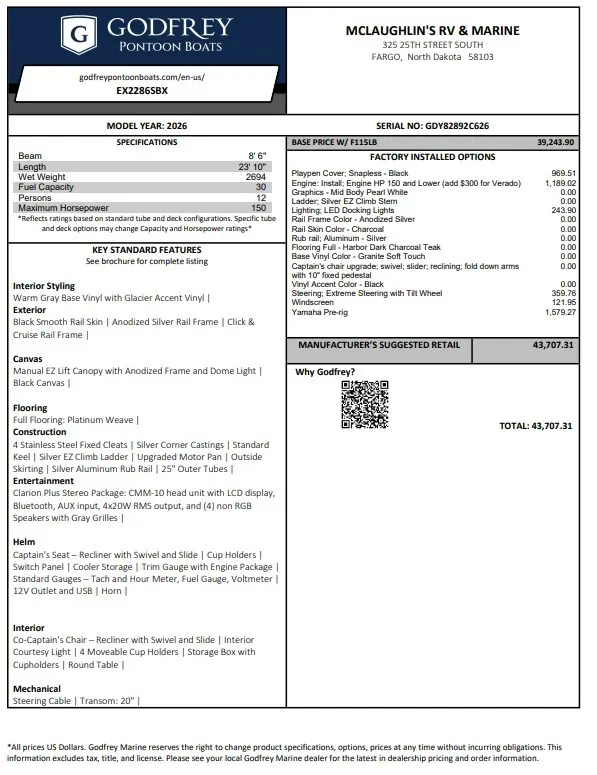 2026 GODFREY XPERIENCE 2286 SBX 115HP BUNK TRAILER for sale in Fargo, ND