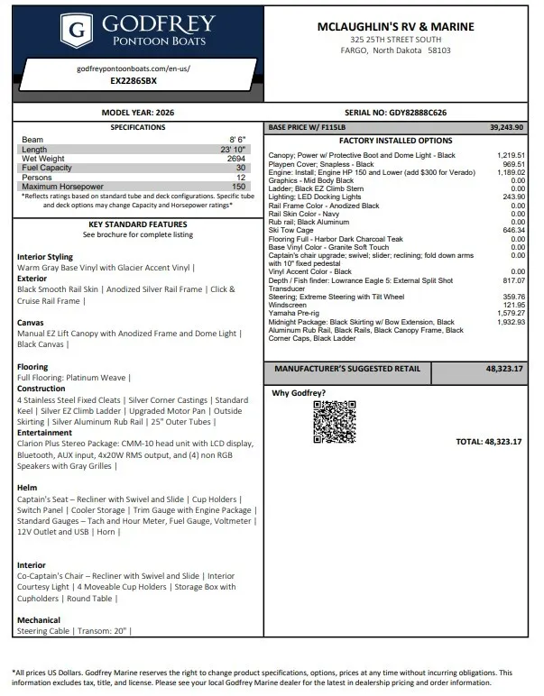 2026 GODFREY XPERIENCE 2286 SBX 115HP BUNK TRAILER for sale in Fargo, ND