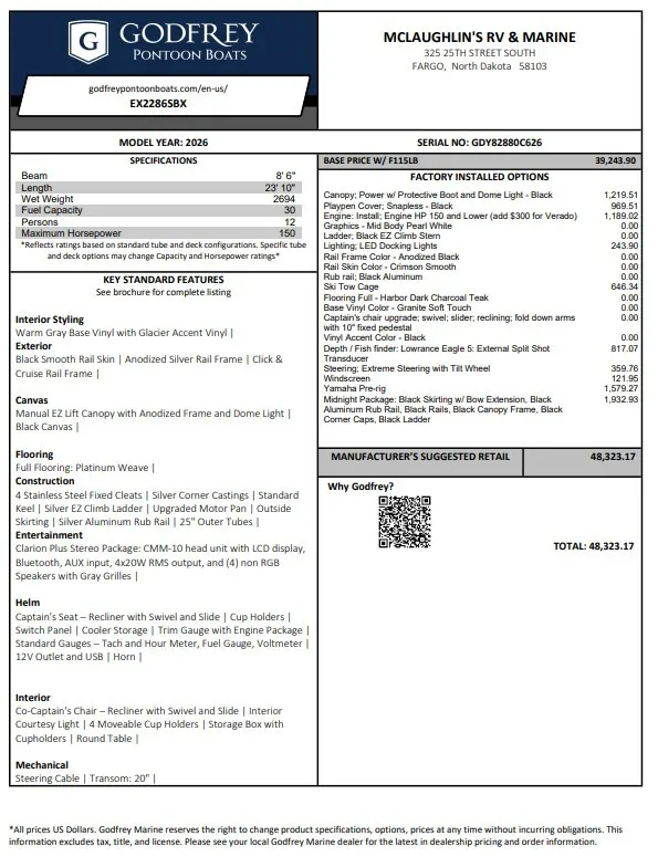 2026 GODFREY XPERIENCE 2286 SBX 115HP BUNK TRAILER for sale in Fargo, ND