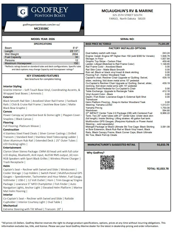 2026 GODFREY MONACO 235 SBC TRIPLE 200HP BUNK TRAILER for sale in Fargo, ND