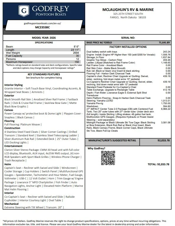 2026 GODFREY MONACO 235 SBC TRIPLE 200HP BUNK TRAILER for sale in Fargo, ND