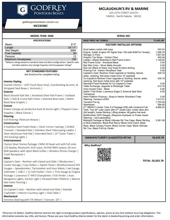 2026 GODFREY MONACO 235 SBC TRIPLE 200HP BUNK TRAILER for sale in Fargo, ND