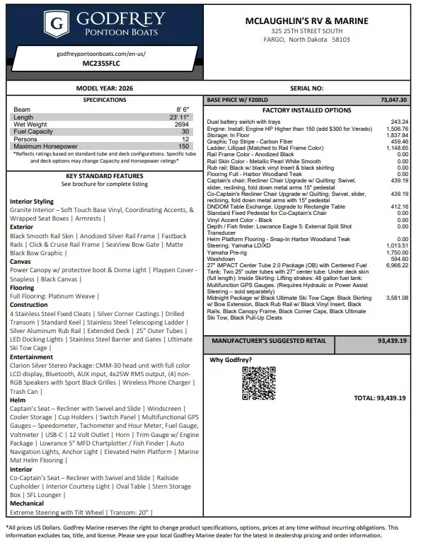 2026 GODFREY MONACO 235 SFLC TRIPLE 200HP BUNK TRAILER for sale in Fargo, ND