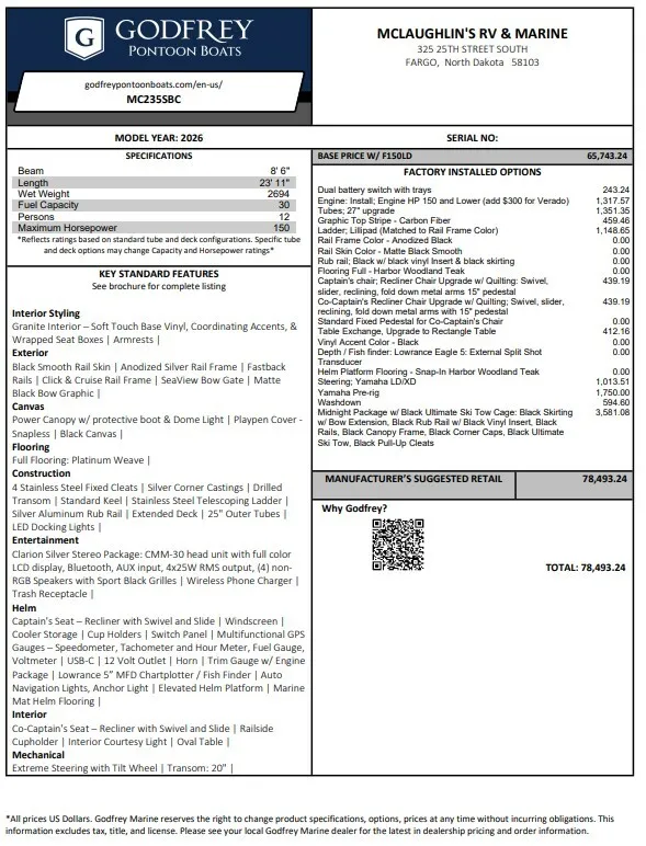 2026 GODFREY MONACO 235 SBC 150HP BUNK TRAILER for sale in Fargo, ND