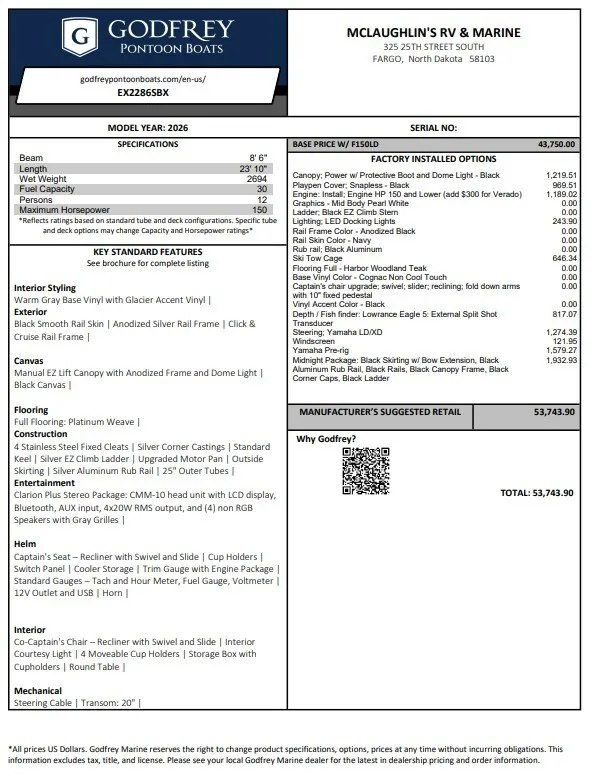 2026 GODFREY XPERIENCE 2286 SBX 150HP BUNK TRAILER for sale in Fargo, ND