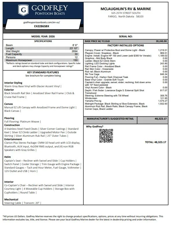 2026 GODFREY XPERIENCE 2286 SBX 115HP BUNK TRAILER for sale in Fargo, ND