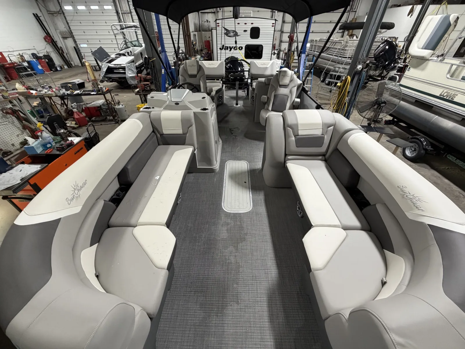 White 2026 SUNCHASER ECLIPSE 25 LR DH TRIPLE 250HP BUNK TRAILER for sale in Fargo, ND