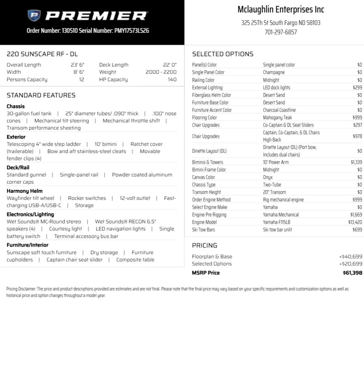 Another view of 2026 PREMIER SUNSCAPE 220 RF 115HP BUNK TRAILER for sale in Fargo, ND at McLaughlin's RV and Marine - Fargo