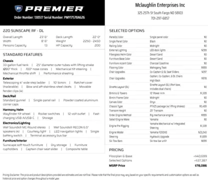 Another view of 2026 PREMIER SUNSCAPE 220 RF PTX TRIPLE 200HP BUNK TRAILER for sale in Fargo, ND at McLaughlin's RV and Marine - Fargo