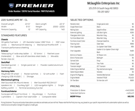 Black 2026 PREMIER SUNSCAPE 220 RF 115HP BUNK TRAILER for sale in Fargo, ND