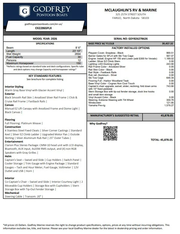 2026 GODFREY XPERIENCE 2286 SFLX 115HP BUNK TRAILER for sale in Fargo, ND