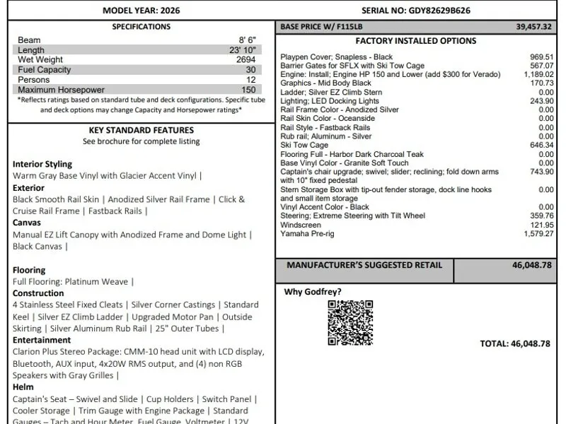 2026 GODFREY SWEETWATER EXPERIENCE 2286 SFLX 115HP BUNK TRAILER for sale in Fargo, ND