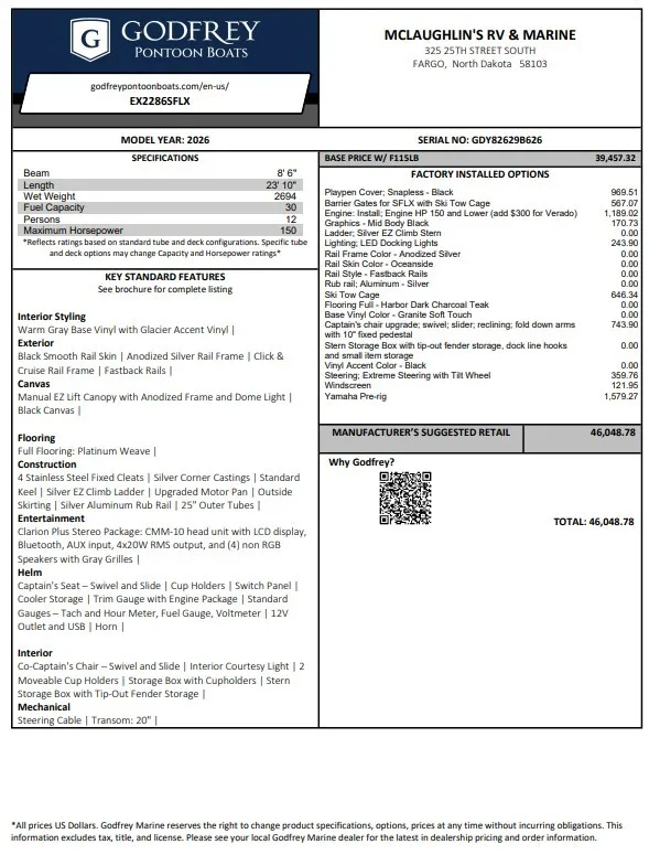 2026 GODFREY XPERIENCE 2286 SFLX 115HP BUNK TRAILER for sale in Fargo, ND