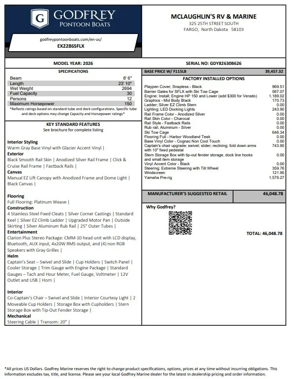 2026 GODFREY XPERIENCE 2286 SFLX 115HP BUNK TRAILER for sale in Fargo, ND