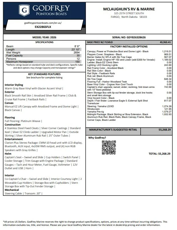 2026 GODFREY XPERIENCE 2286 SFLX 150HP BUNK TRAILER for sale in Fargo, ND