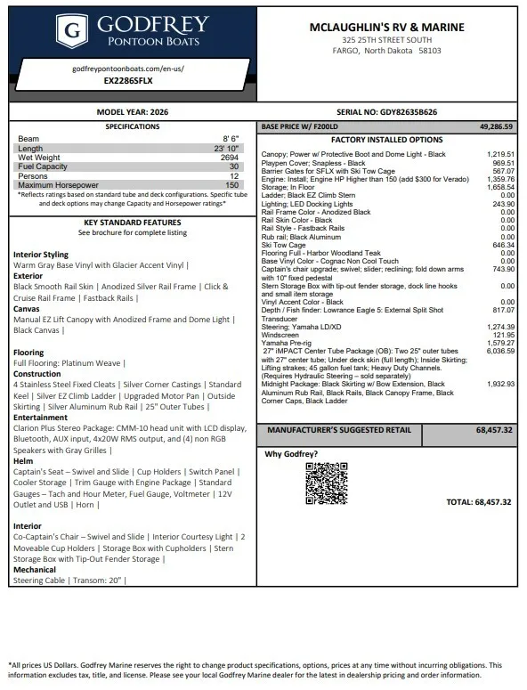 2026 GODFREY XPERIENCE 2286 SFLX TRIPLE 200HP BUNK TRAILER for sale in Fargo, ND