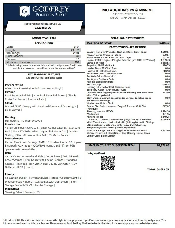 2026 GODFREY XPERIENCE 2286 SFLX TRIPLE 200HP BUNK TRAILER for sale in Fargo, ND