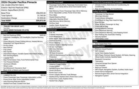Photos of 2026 Chrysler Pacifica Pinnacle for sale in Newton, IA at Gregg Young Chevrolet Newton