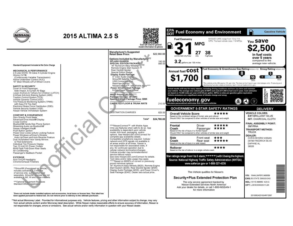 2015 Nissan Altima 2.5 S for sale in Pensacola, FL