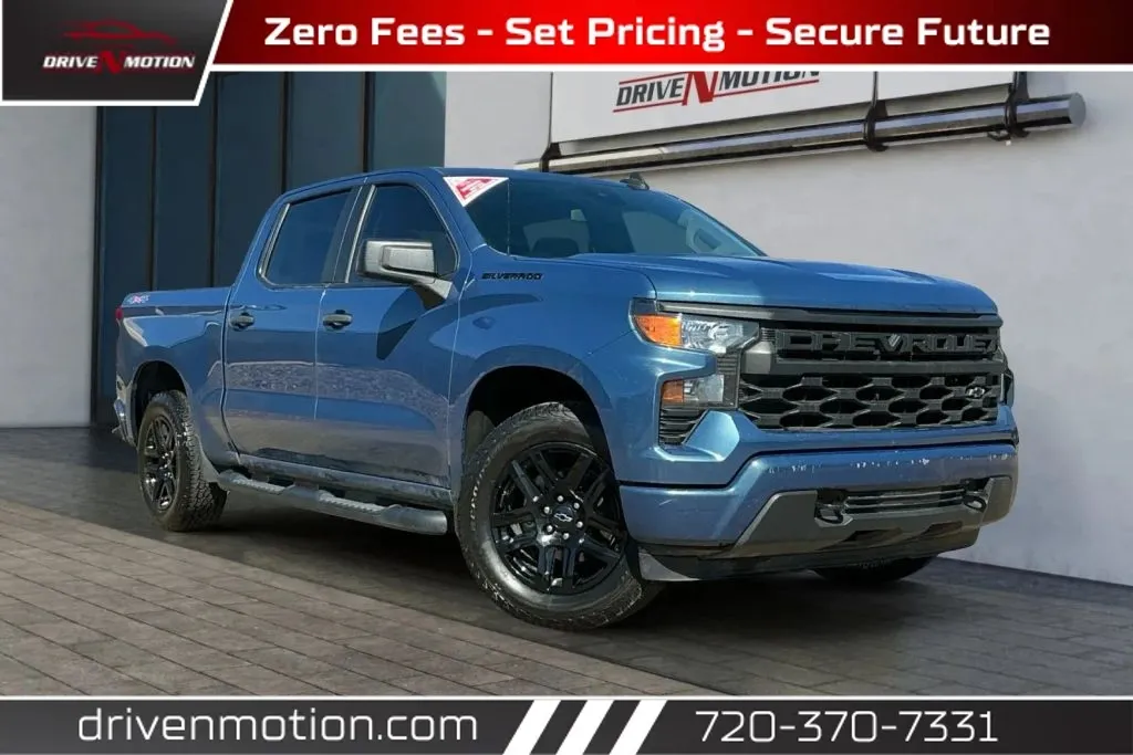 Blue 2024 Chevrolet Silverado 1500 Crew Cab Custom Pickup 4D 5 3/4 ft for sale in Thornton, CO