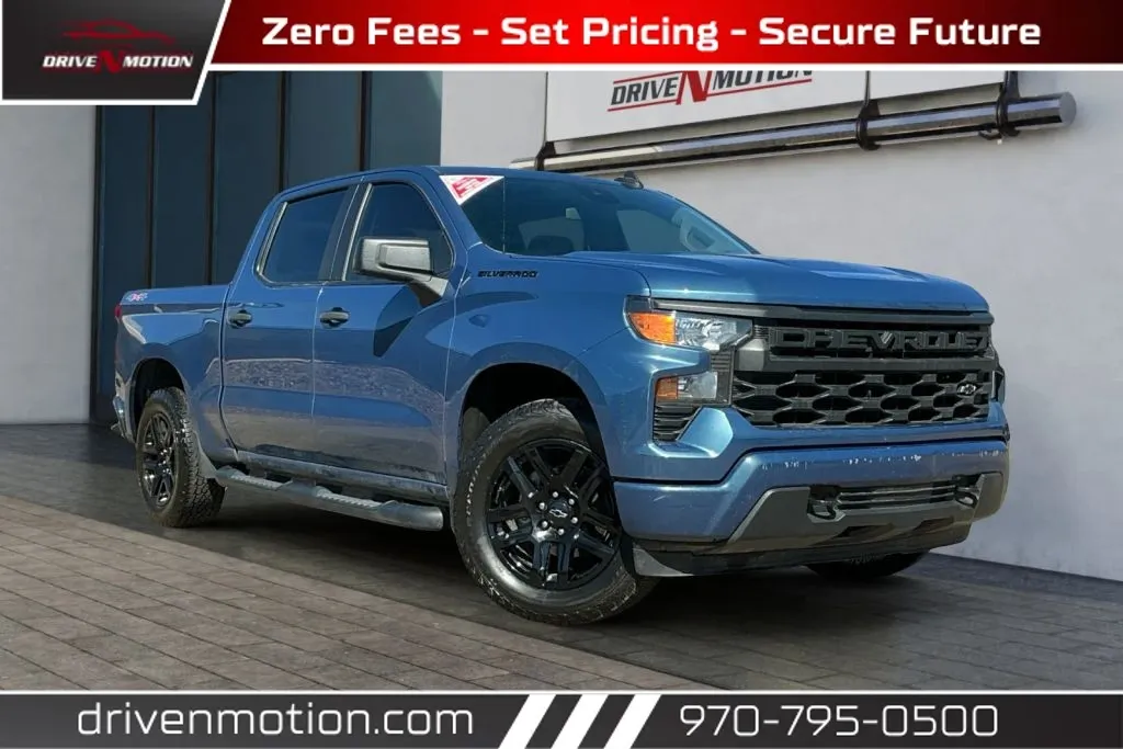 Blue 2024 Chevrolet Silverado 1500 Crew Cab Custom Pickup 4D 5 3/4 ft for sale in Greeley, CO
