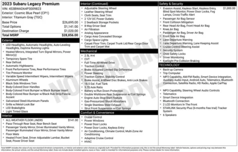 Photos of 2023 Subaru Legacy Premium for sale in Plainwell, MI at Zeigler Ford of Plainwell