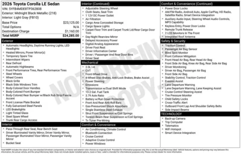 Photos of 2026 Toyota Corolla LE for sale in Plainwell, MI at Zeigler Ford of Plainwell