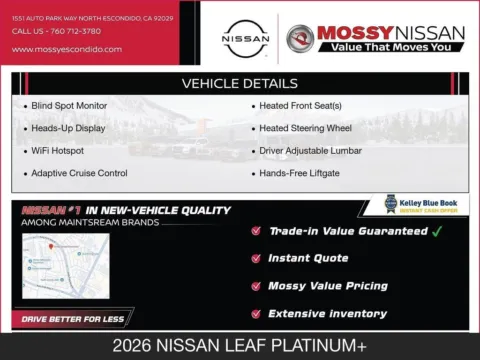 More photos of 2026 Nissan Leaf PLATINUM+ at Mossy Nissan Escondido, CA