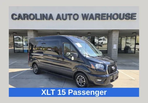 Black 2023 Ford Transit-350 XLT Medium Roof 148WB 15-Pass. w/heated Leather Seats for sale in Concord, NC