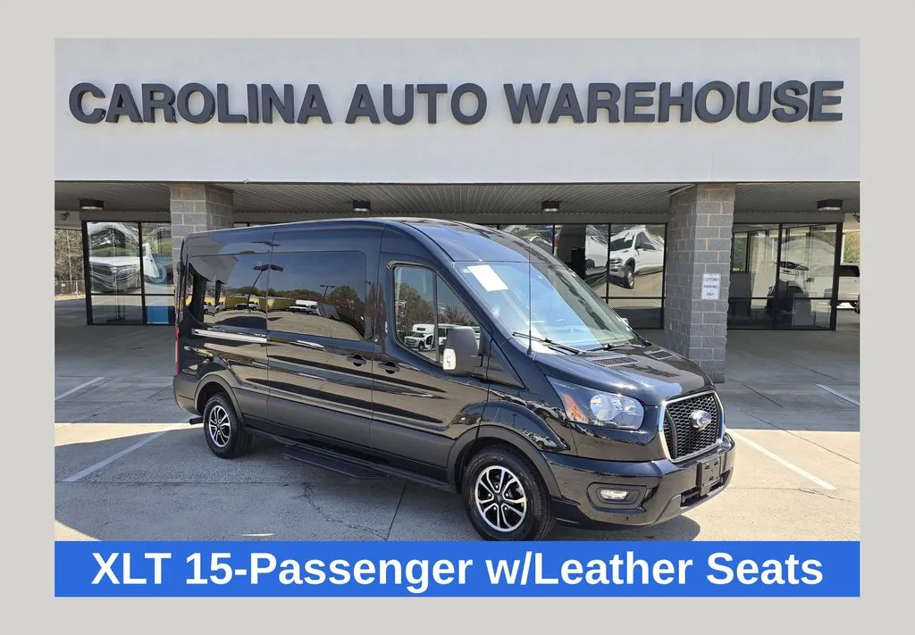 Black 2023 Ford Transit-350 XLT Medium Roof 148WB 15-Pass. w/heated Leather Seats for sale in Concord, NC