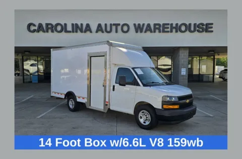 White 2023 Chevrolet Express 3500 Work Van 14ft box truck SRW w/Roll-up Door &Shelves for sale in Concord, NC