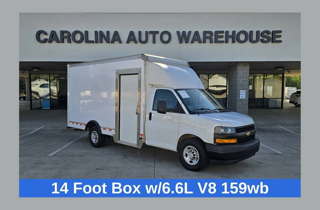 White 2023 Chevrolet Express 3500 Work Van 14ft box truck SRW w/Roll-up Door &Shelves for sale in Concord, NC