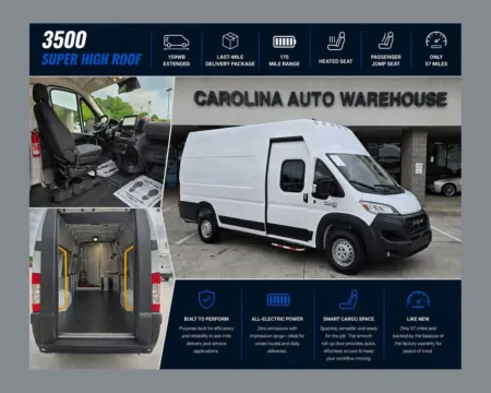 White 2024 Ram ProMaster 3500 EV Super High Roof 159WB EXT w/Shelves and Roll-Up Door for sale in Concord, NC