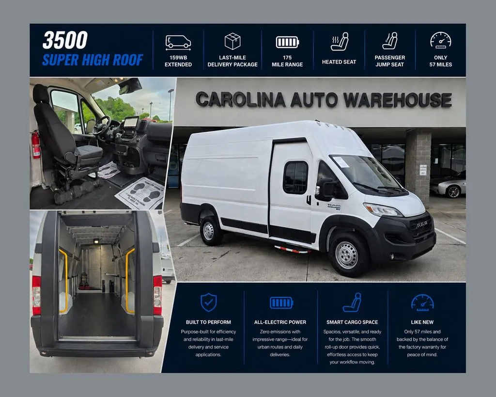 White 2024 Ram ProMaster 3500 EV Super High Roof 159WB EXT w/Shelves and Roll-Up Door for sale in Concord, NC
