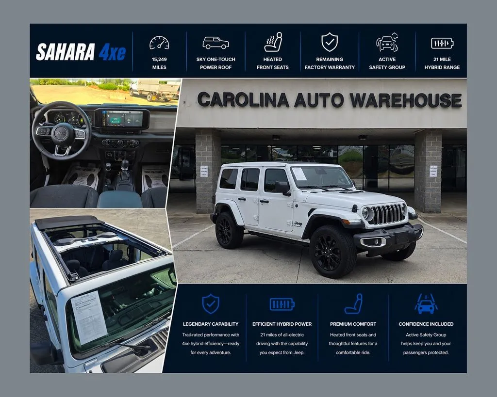 White 2025 Jeep Wrangler Sahara 4xe w/Sky One Touch Power Top for sale in Concord, NC