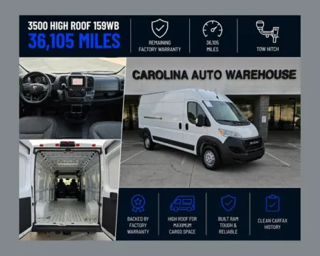 White 2023 Ram ProMaster 3500 High Roof 159WB w/Class IV Tow Hitch for sale in Concord, NC