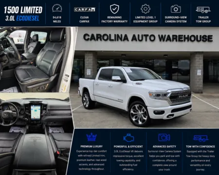 White 2022 Ram 1500 Limited Crew Cab 4x4 EcoDiesel 3.0L V6 for sale in Concord, NC