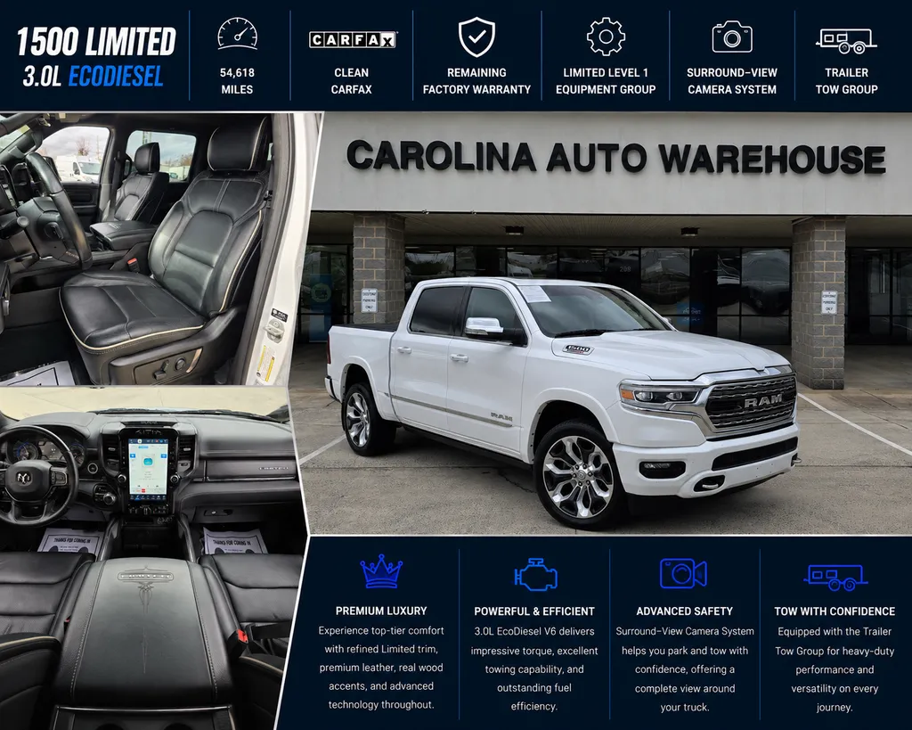 White 2022 Ram 1500 Limited Crew Cab 4x4 EcoDiesel 3.0L V6 for sale in Concord, NC