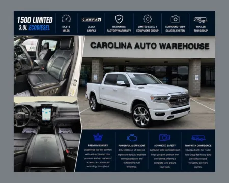 White 2022 Ram 1500 Limited Crew Cab 4x4 EcoDiesel 3.0L V6 for sale in Concord, NC